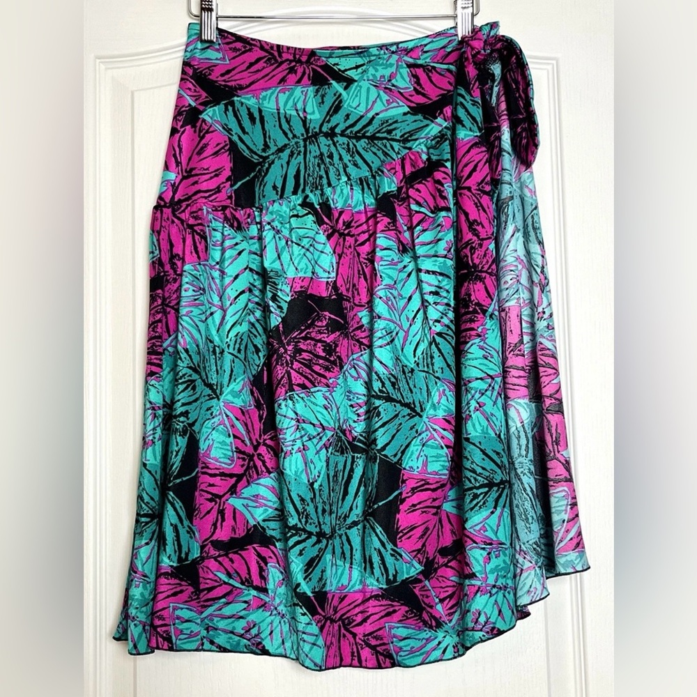 Vintage Catalina Vibrant Leaf Print Cover-Up Skirt Size S Pink & Teal Tie Side